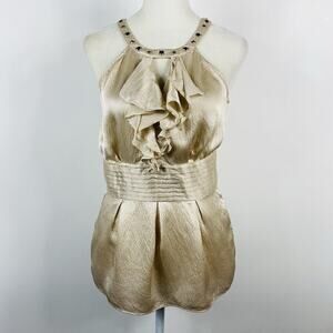 White House Black Market Metallic Champagne Ruffle Halter Top